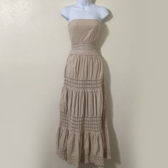 Y2K Tan Strapless Fairycore Boho Mori Girl Crochet Detail Fairy Babydoll Dress S - Picture 1 of 9